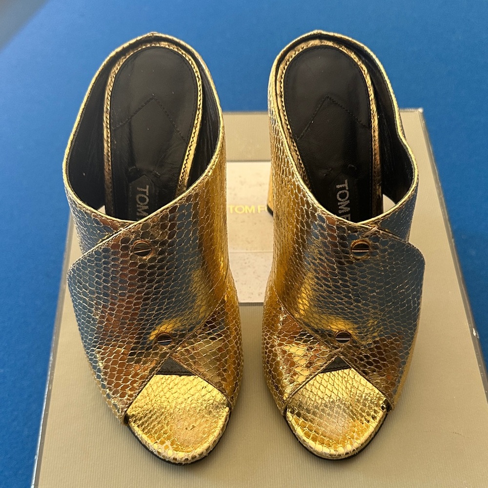 Tom Ford Gold Snakeskin Mules